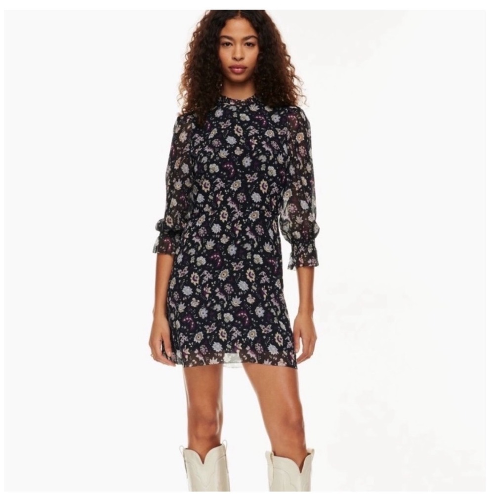 Wilfred Swept Black Purple Dark Floral Romantic‎ Long Sleeve Mini Dress Size 4